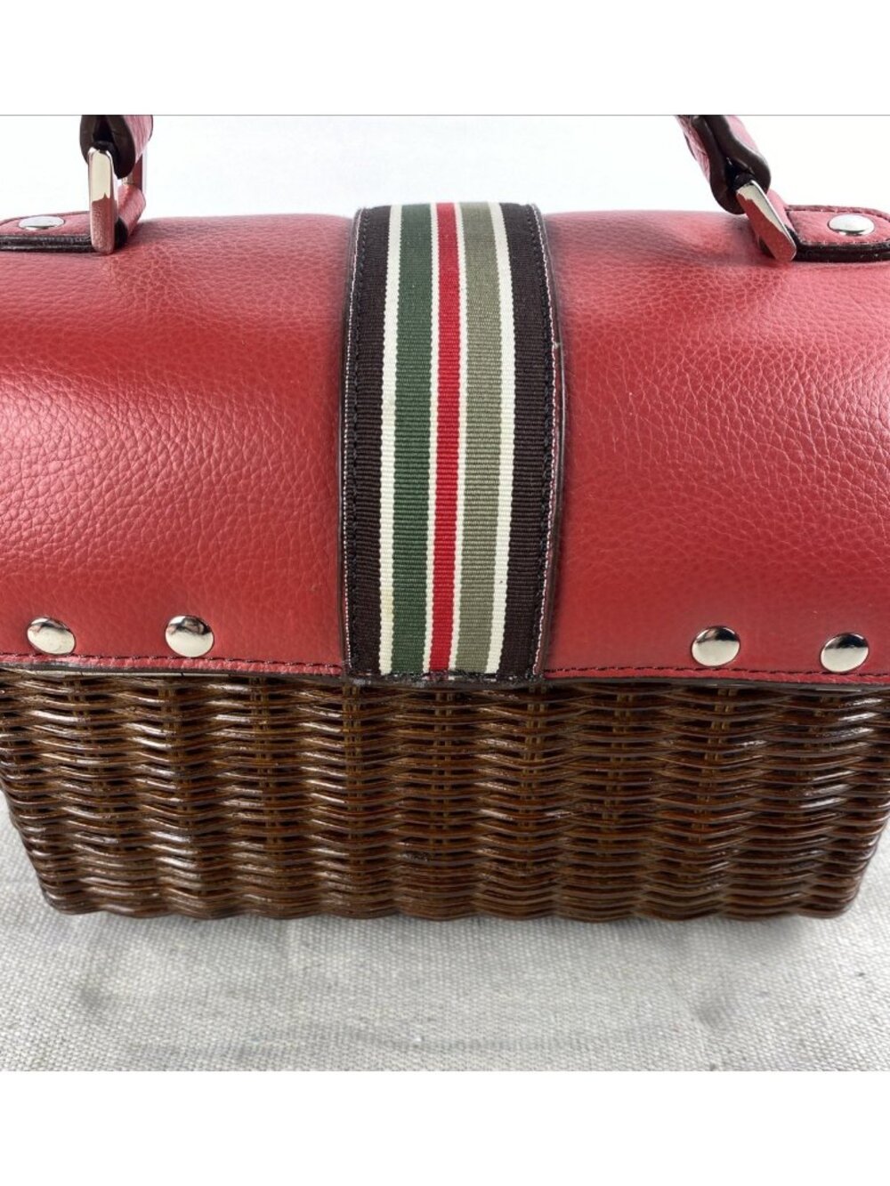 VTG Leather & Wicker Rattan Picnic Basket Purse Woven Handbag Red Check Fabric - Picture 10 of 16